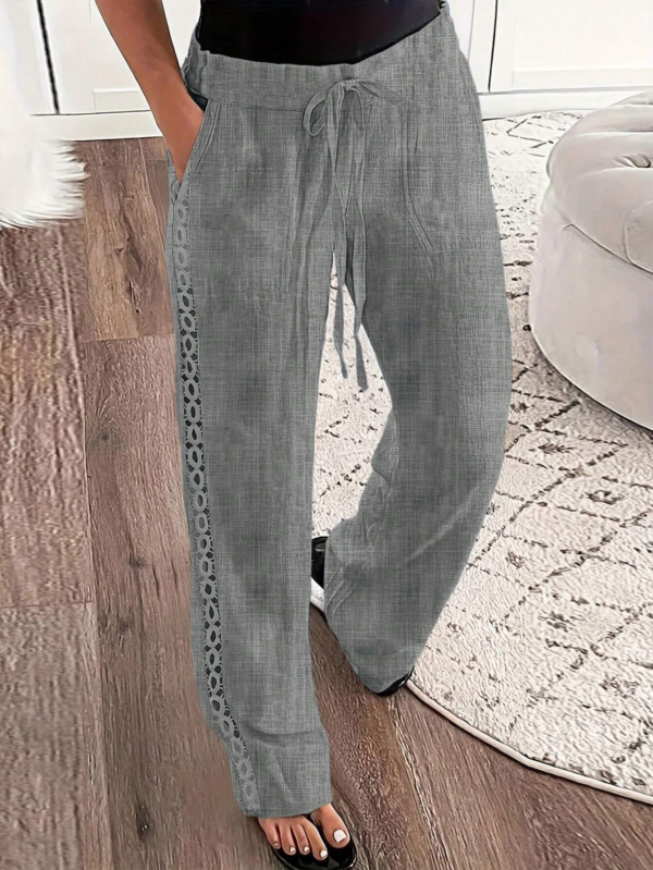 LUNE Ladies' Imitation Denim Linen Blend Side Lace Insert Long Pants - Image 10